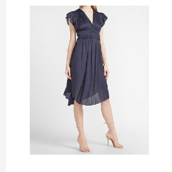 Express Dresses & Skirts - Express navy blue satin short sleeve pleaded midi